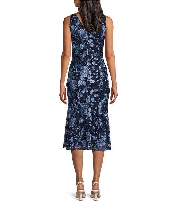Marina Embroidered Lace V-Neck Sleeveless Midi Sheath Dress Product Image