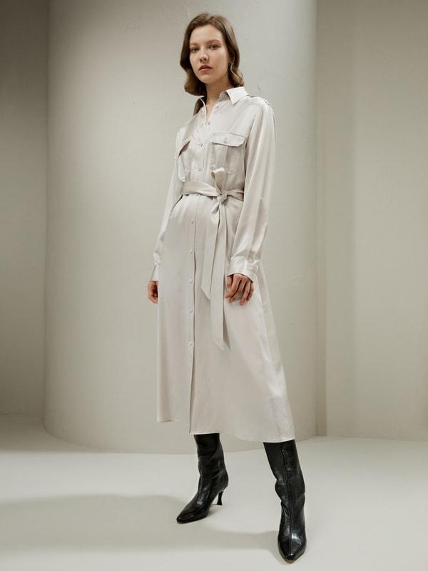 Trench-Style Silk Midi Shirt Dress Product Image