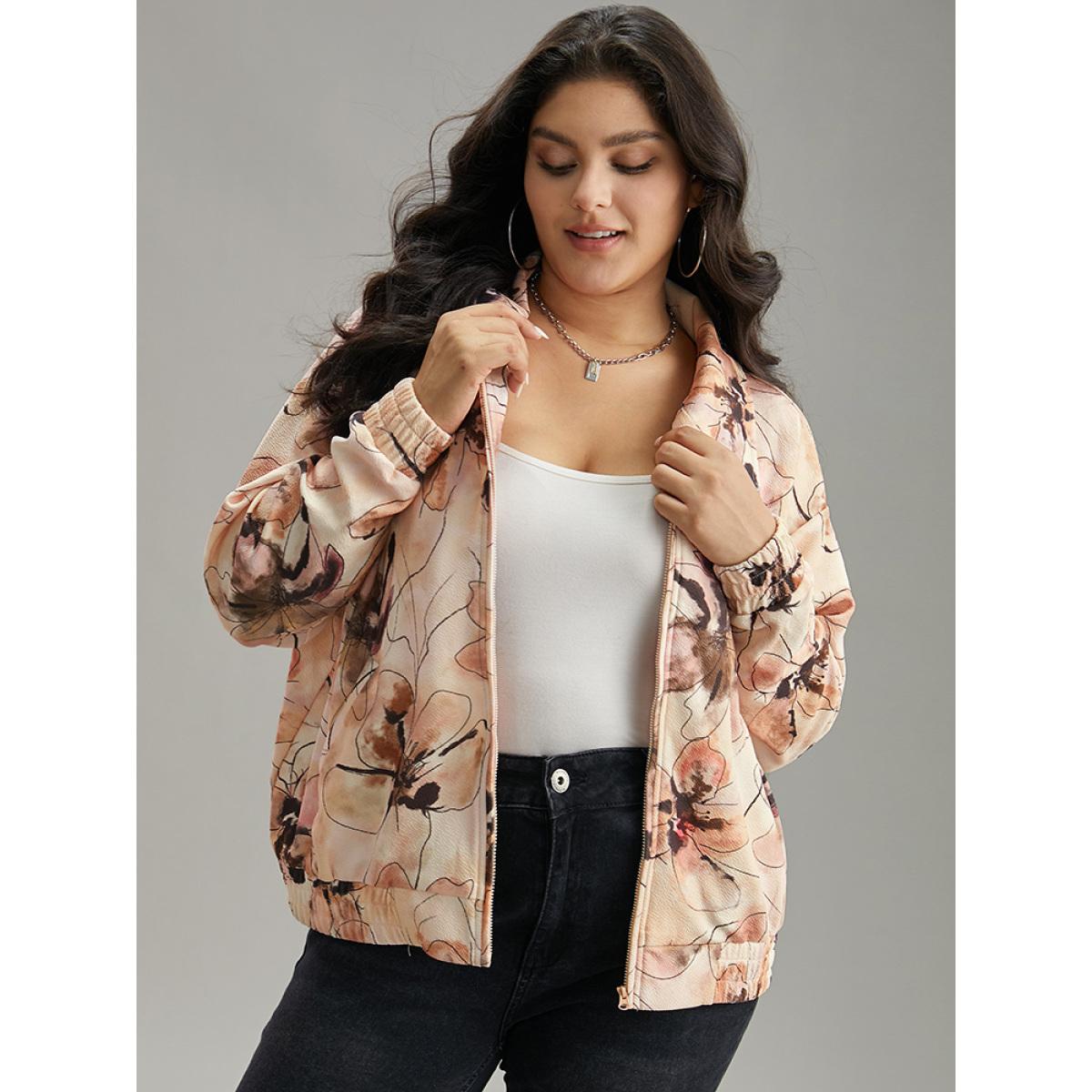 Plus Size Floral Zipper Gathered Elastic Cuffs Jacket Women Multicolor Elastic cuffs Pocket Dailywear Jackets BloomChic 22-24/3X Product Image