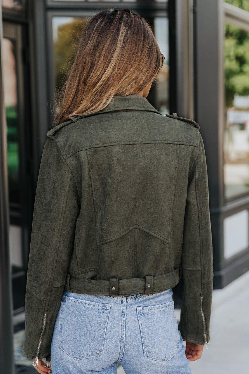 Audrey Olive Green Vegan Suede Moto Jacket Female Product Image