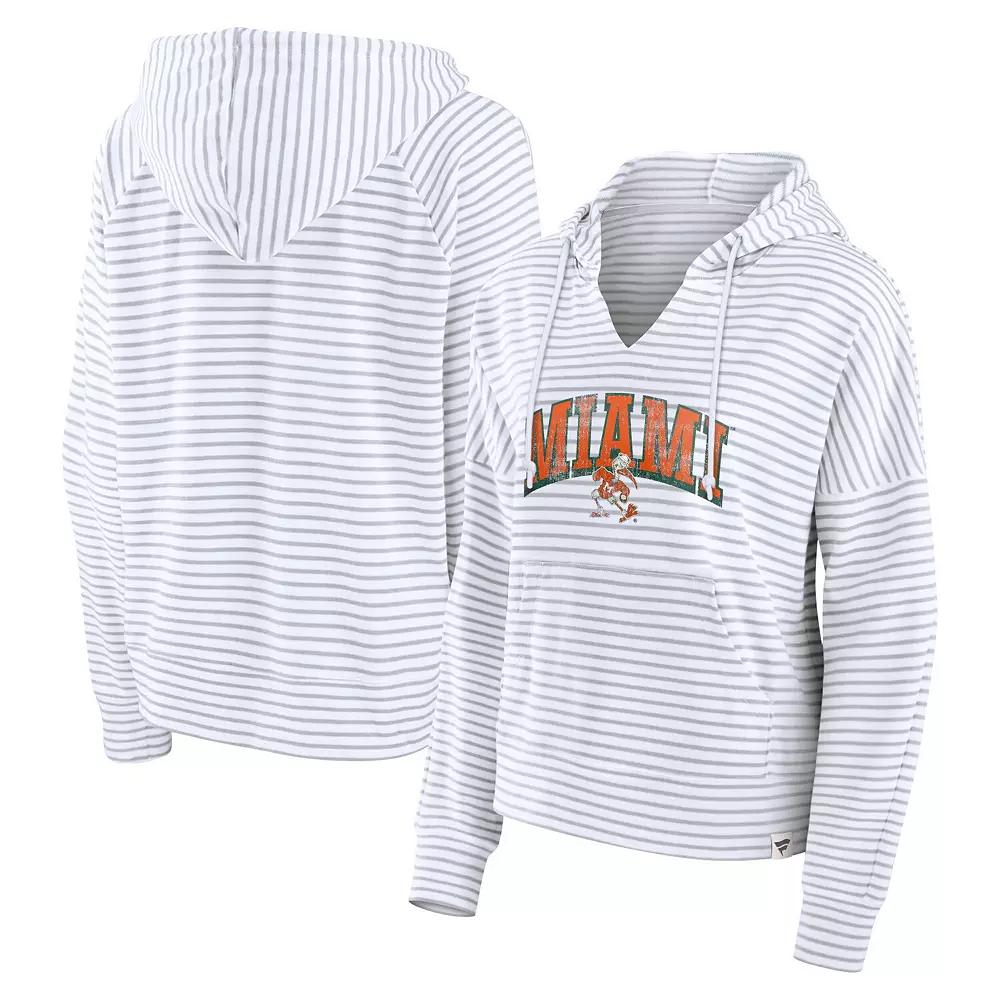 Women's Fanatics White/Gray Miami Hurricanes Arch Logo Striped Notch Neck Pullover Hoodie, Size: 2XL Product Image