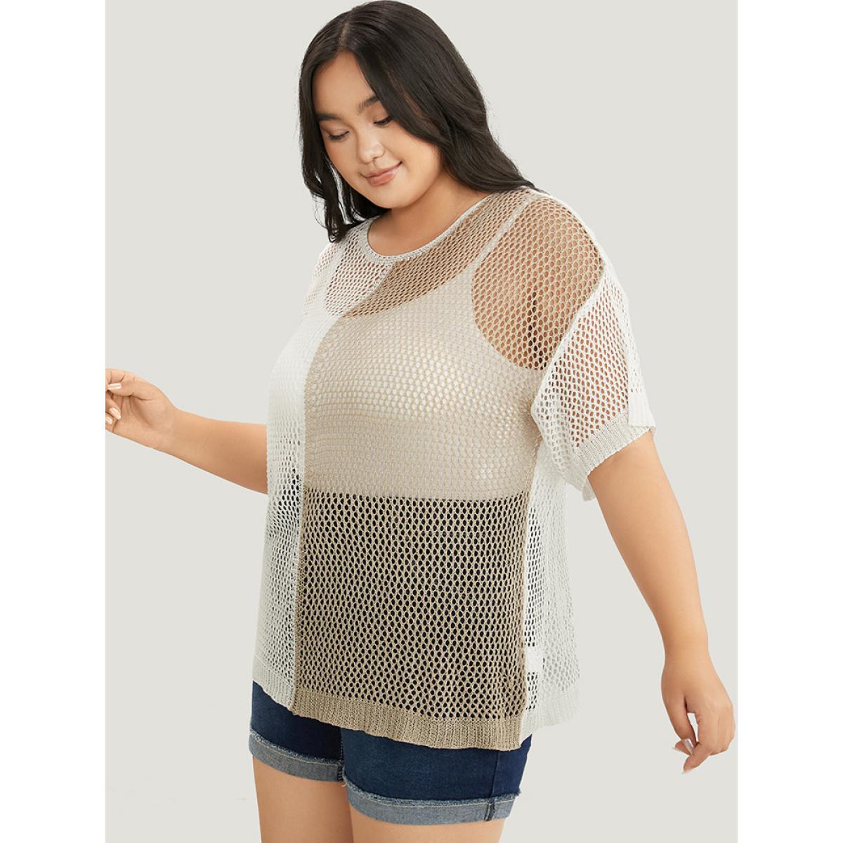 Plus Size Colorblock Contrast Hollow Out Batwing Sleeve Knit Top Multicolor Women Elegant Short sleeve Round Neck Dailywear Pullovers BloomChic 12/L Product Image