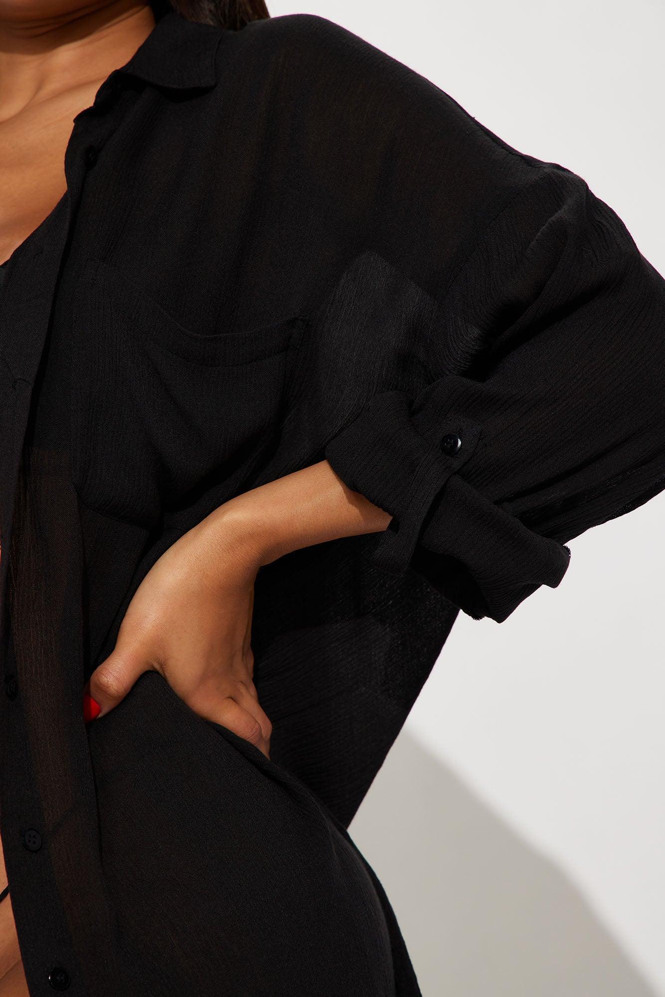 Breezy Nights Linen Pocket Cover Up Shirt - Black Product Image