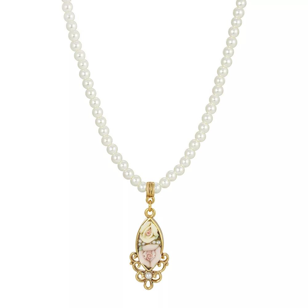 1928 Gold Tone & Simulated Pearl Porcelain Rose Pendant Necklace, Womens, White Product Image