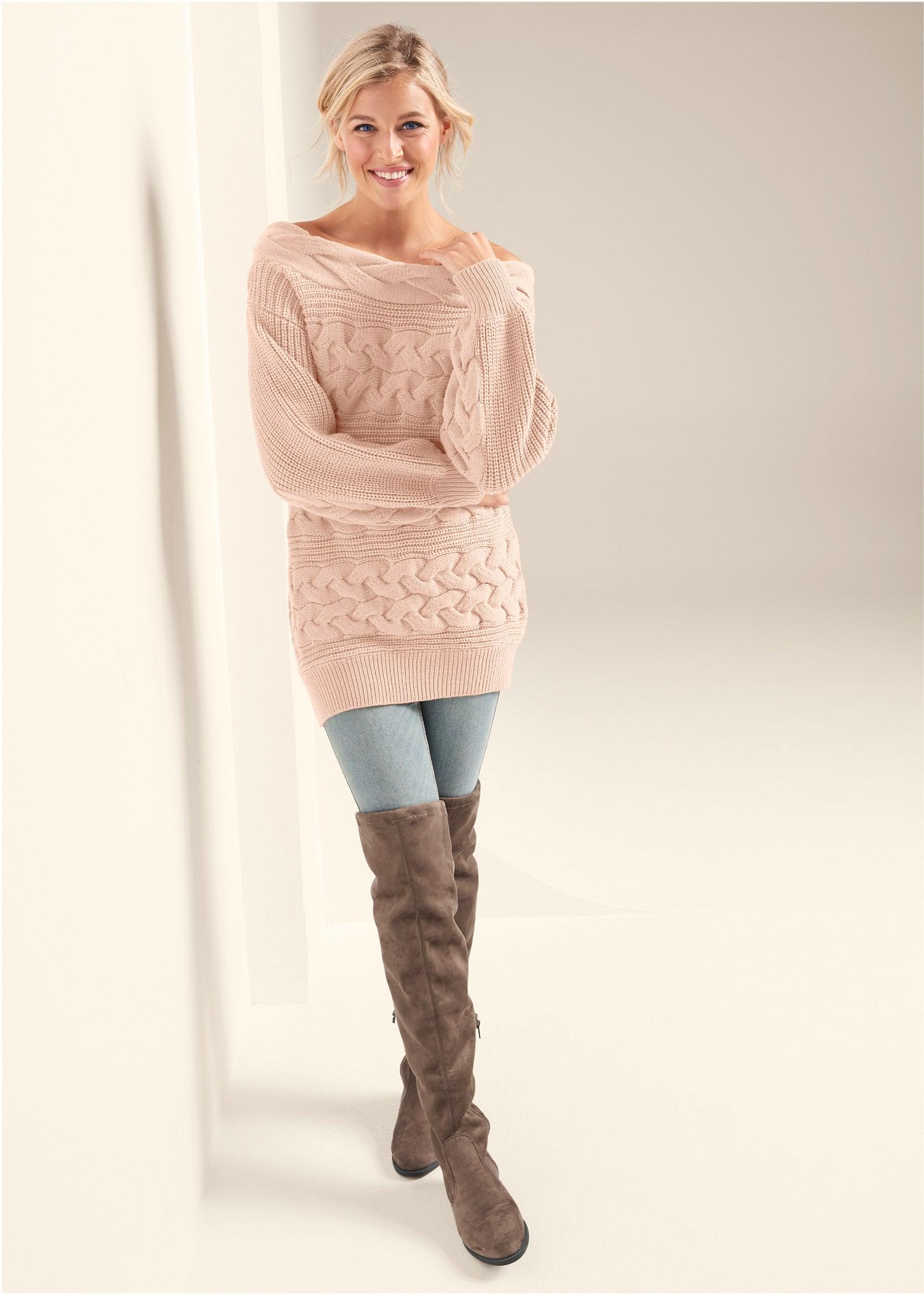 Boatneck Cable Knit Sweater - Peach Product Image