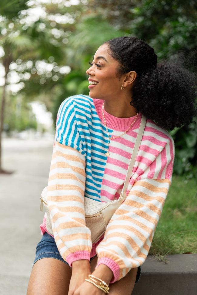 Delightful Days Blue, Pink, and Orange Multi Color Block Striped Sweater FINAL SALE Product Image