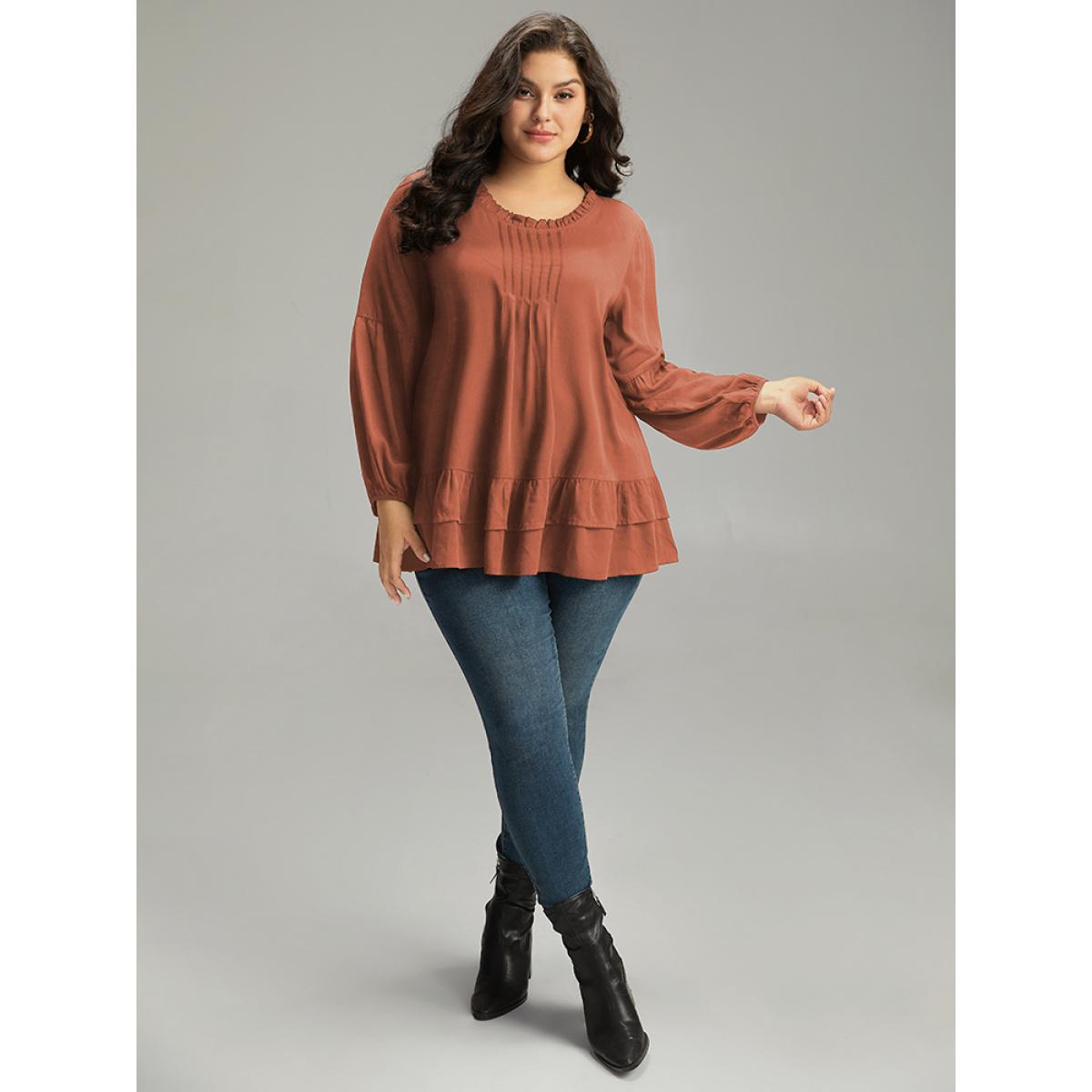 Plus Size OrangeRed Seam Detail Frill Trim Layered Blouse Women Elegant Long Sleeve Round Neck Dailywear Blouses BloomChic 10/M Product Image
