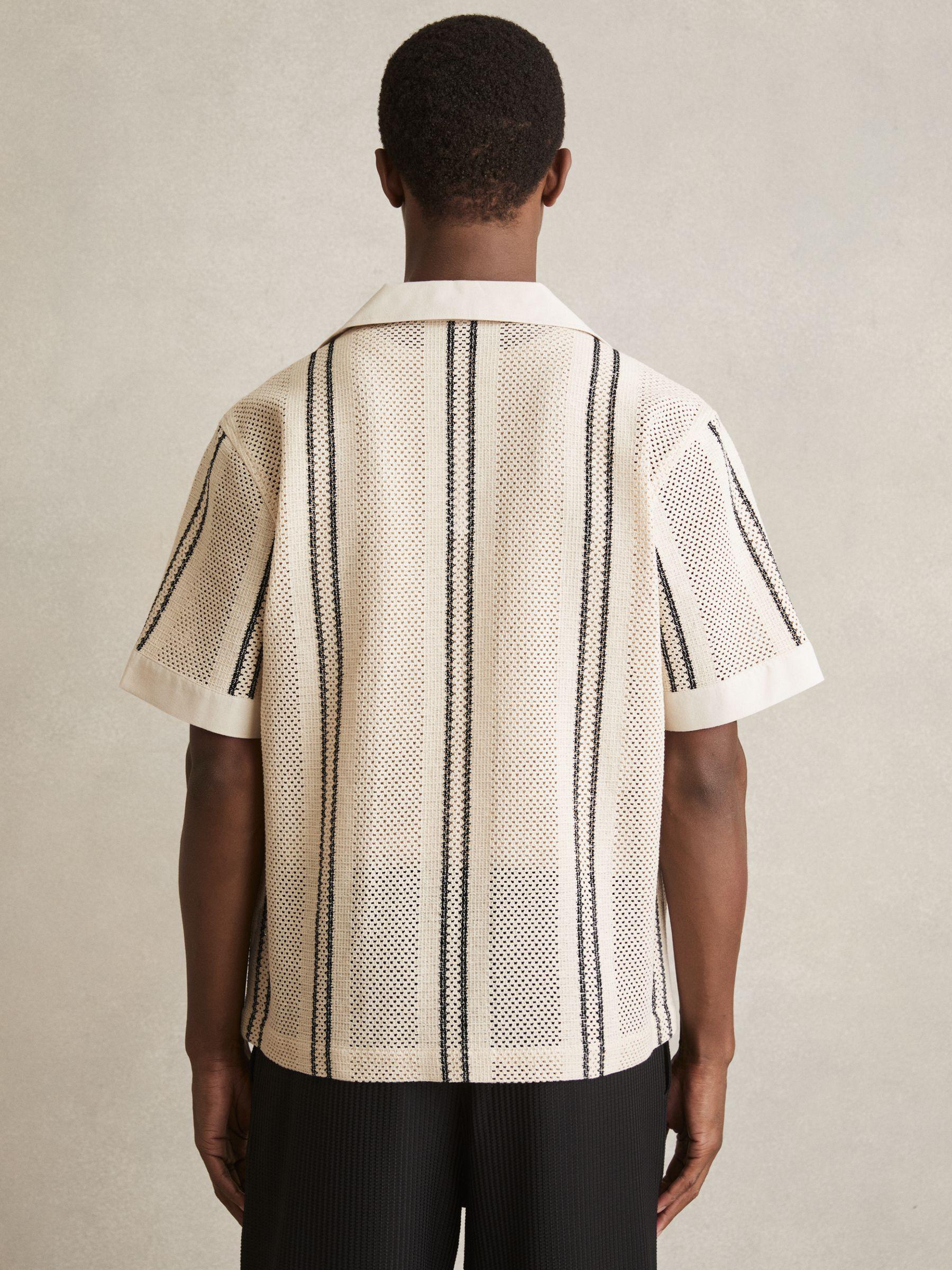 Crochet Stripe Cuban-Collar Shirt in Off White/Navy Product Image