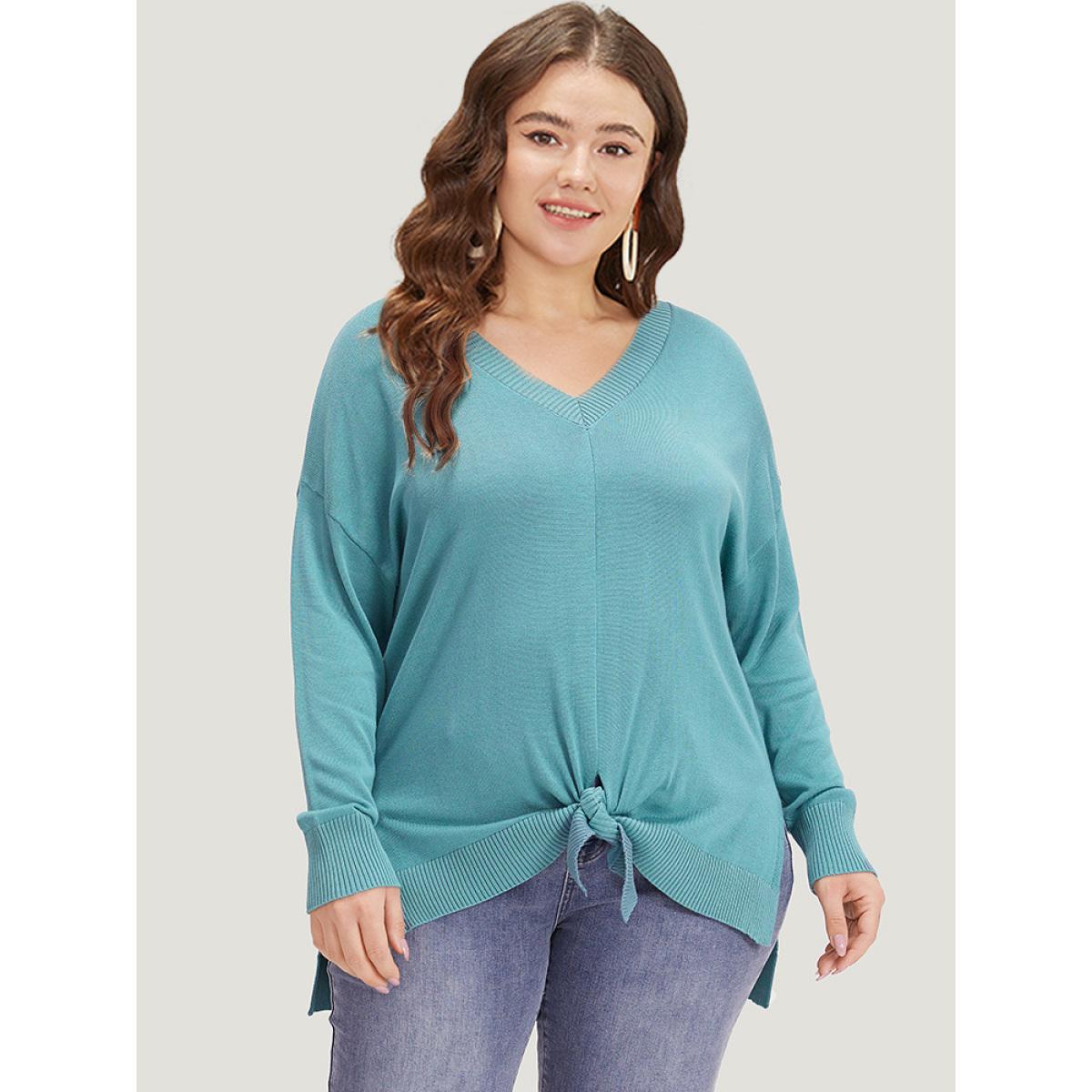 Plus Size Supersoft Essentials Bowknot Front Split Side Pullover Cerulean Women Casual Loose Long Sleeve V-neck Dailywear Pullovers BloomChic 22-24/3X Product Image