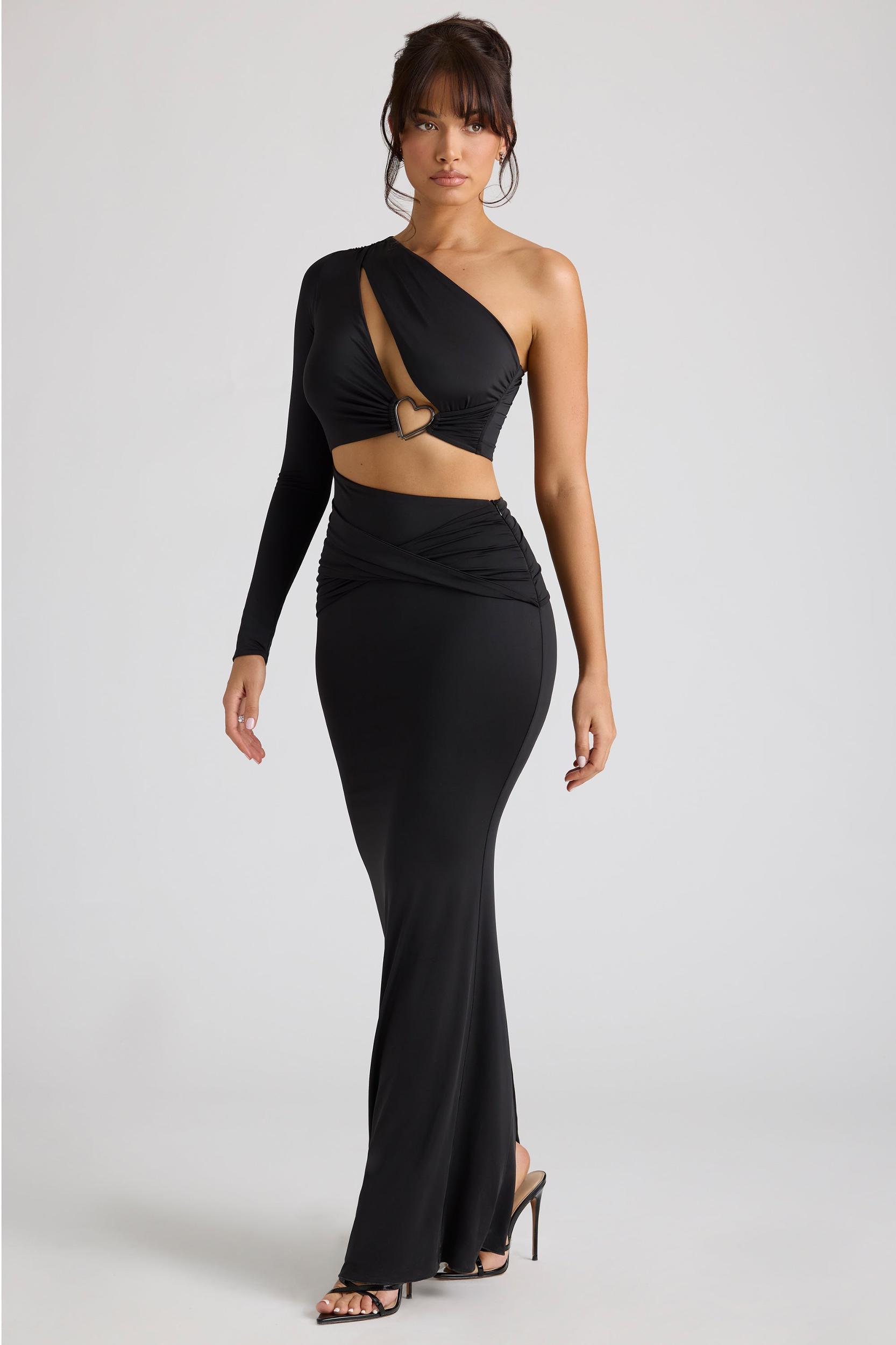 Single Sleeve Cut Out Evening Gown in Black Product Image