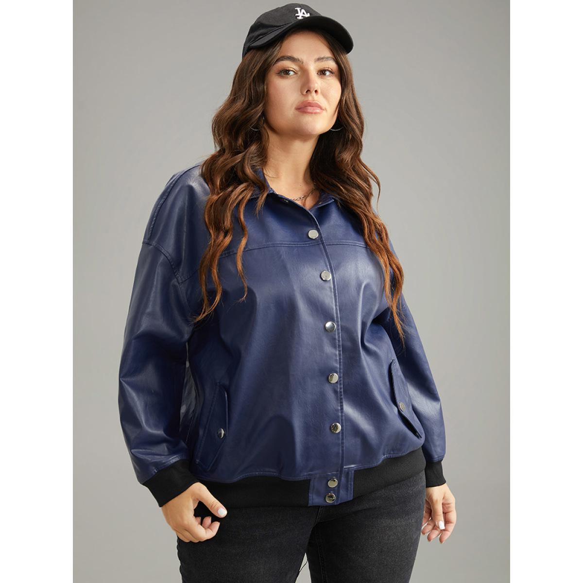 Plus Size PU Patchwork Pocket Button Through Jacket Women Indigo Elastic cuffs Dailywear Jackets BloomChic 14-16/1X Product Image