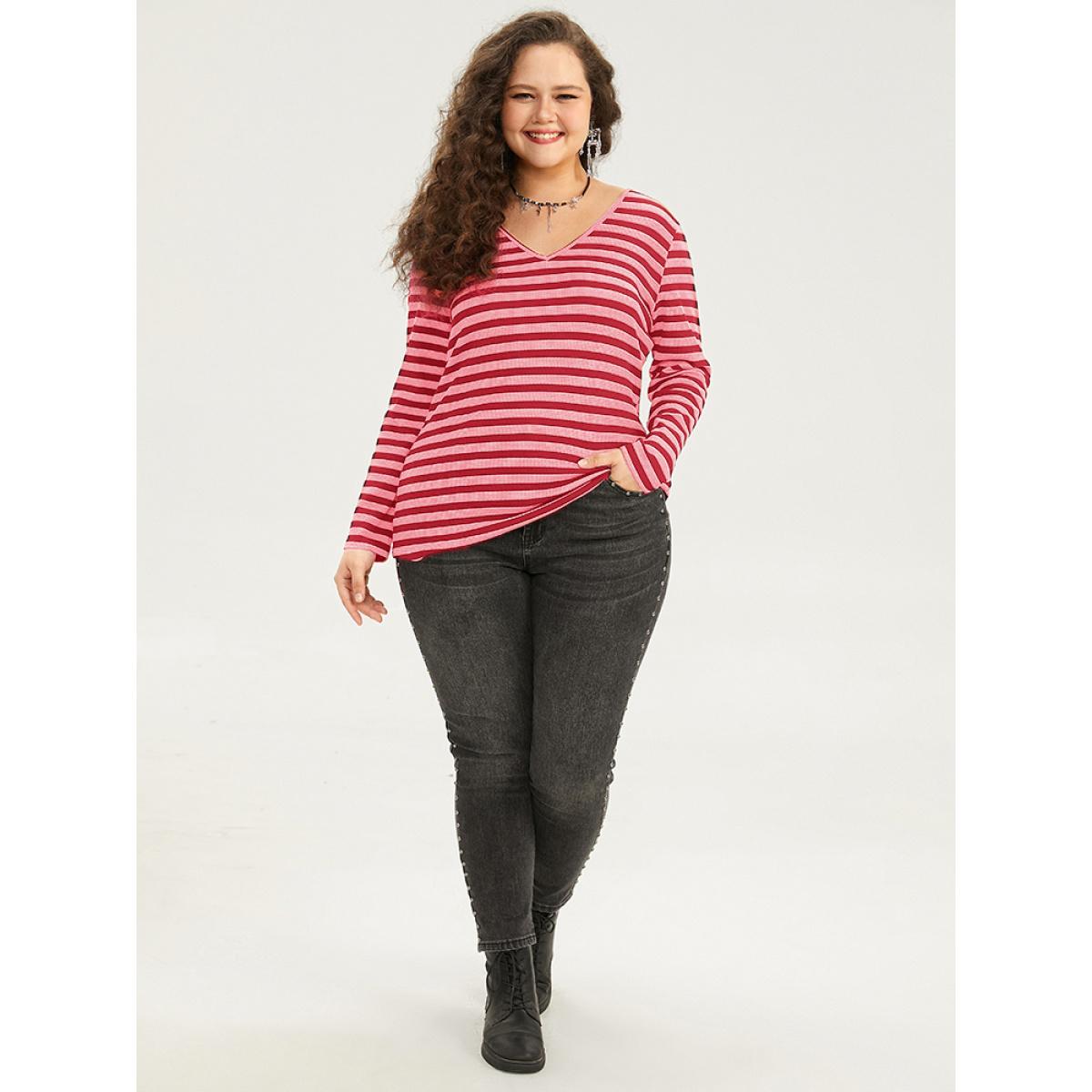 Plus Size Halloween V Neck Contrast Striped T-shirt Red Women Casual Contrast Striped V-neck Festival-Halloween T-shirts BloomChic 18-20/2X Product Image