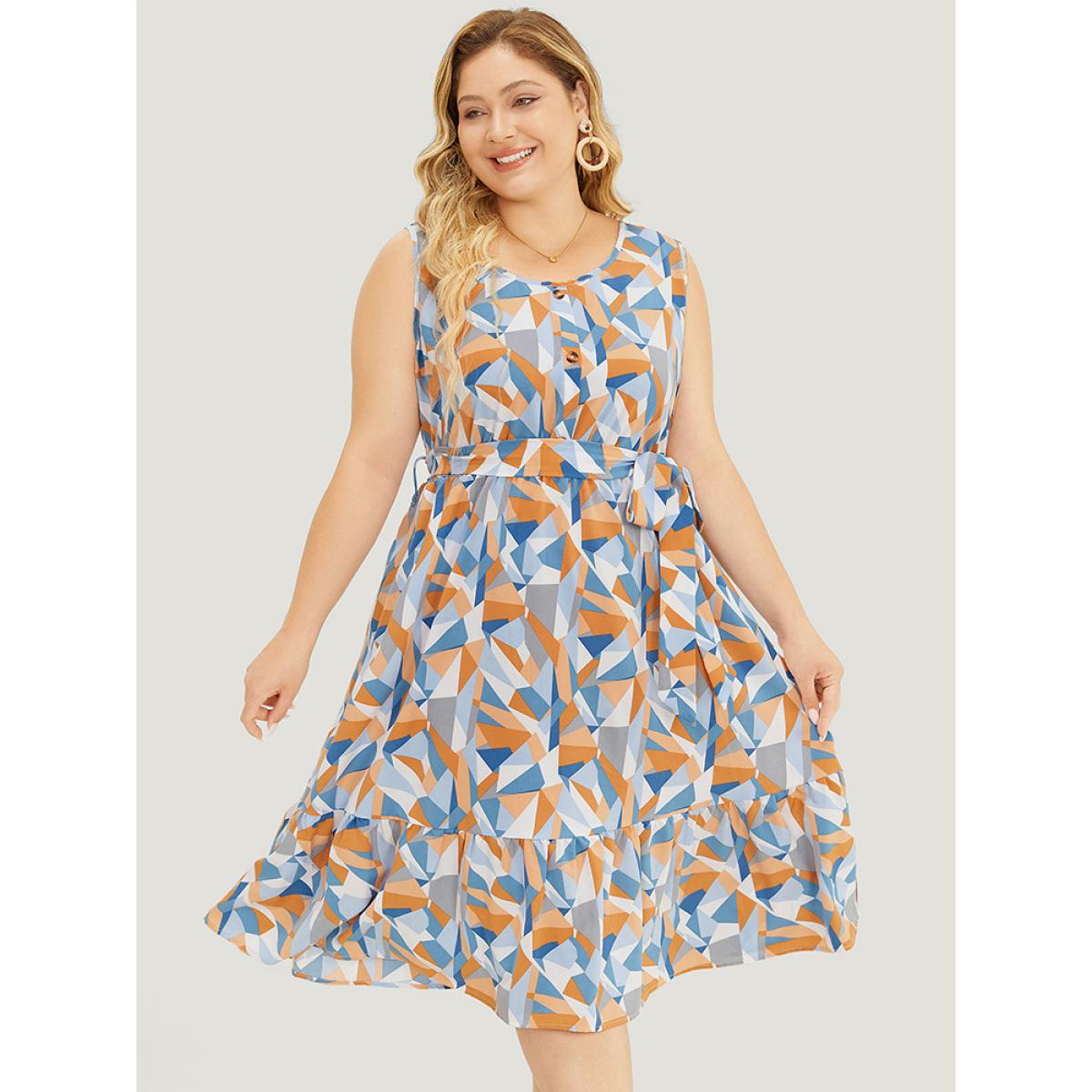Plus Size Geometric Belt Ruffle Hem Pocket Button Detail Tank Dress Multicolor Women Elegant Contrast Round Neck Sleeveless Curvy Knee Dress BloomChic 26/4X Product Image