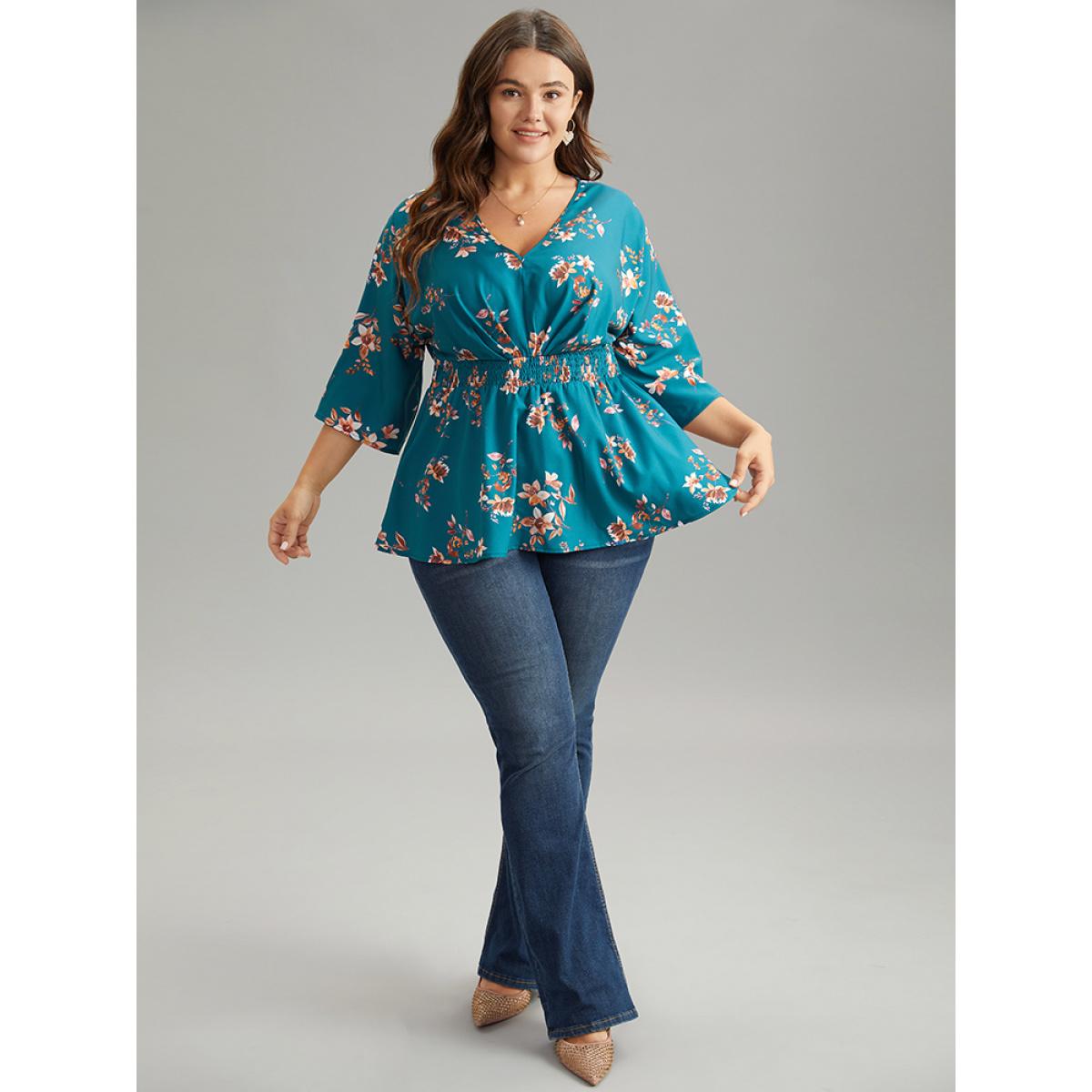 Plus Size Aegean Floral Print Shirred Plicated Detail Blouse Women Elegant Elbow-length sleeve V-neck Dailywear Blouses BloomChic 28/5X Product Image
