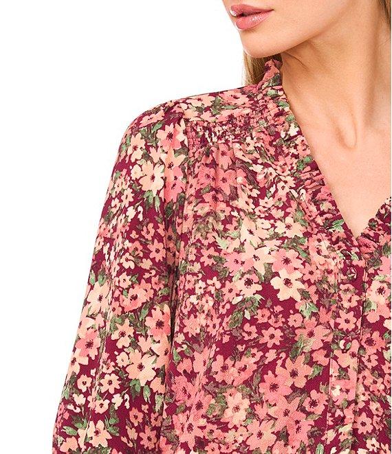CeCe Woven Floral Print V-Neck 3/4 Sleeve Blouse Product Image