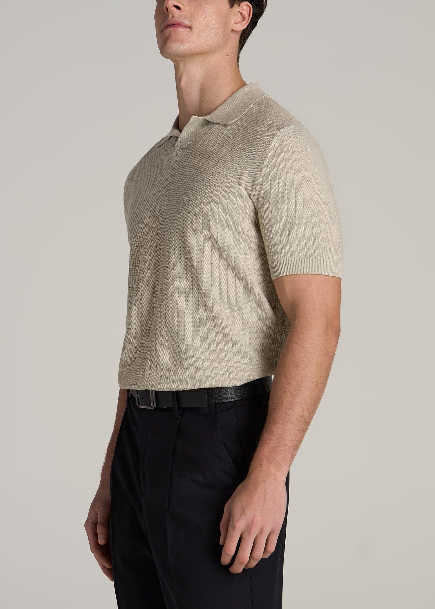 Linen Blend Ribbed Knit Polo Shirt for Tall Men in Stone Male Product Image