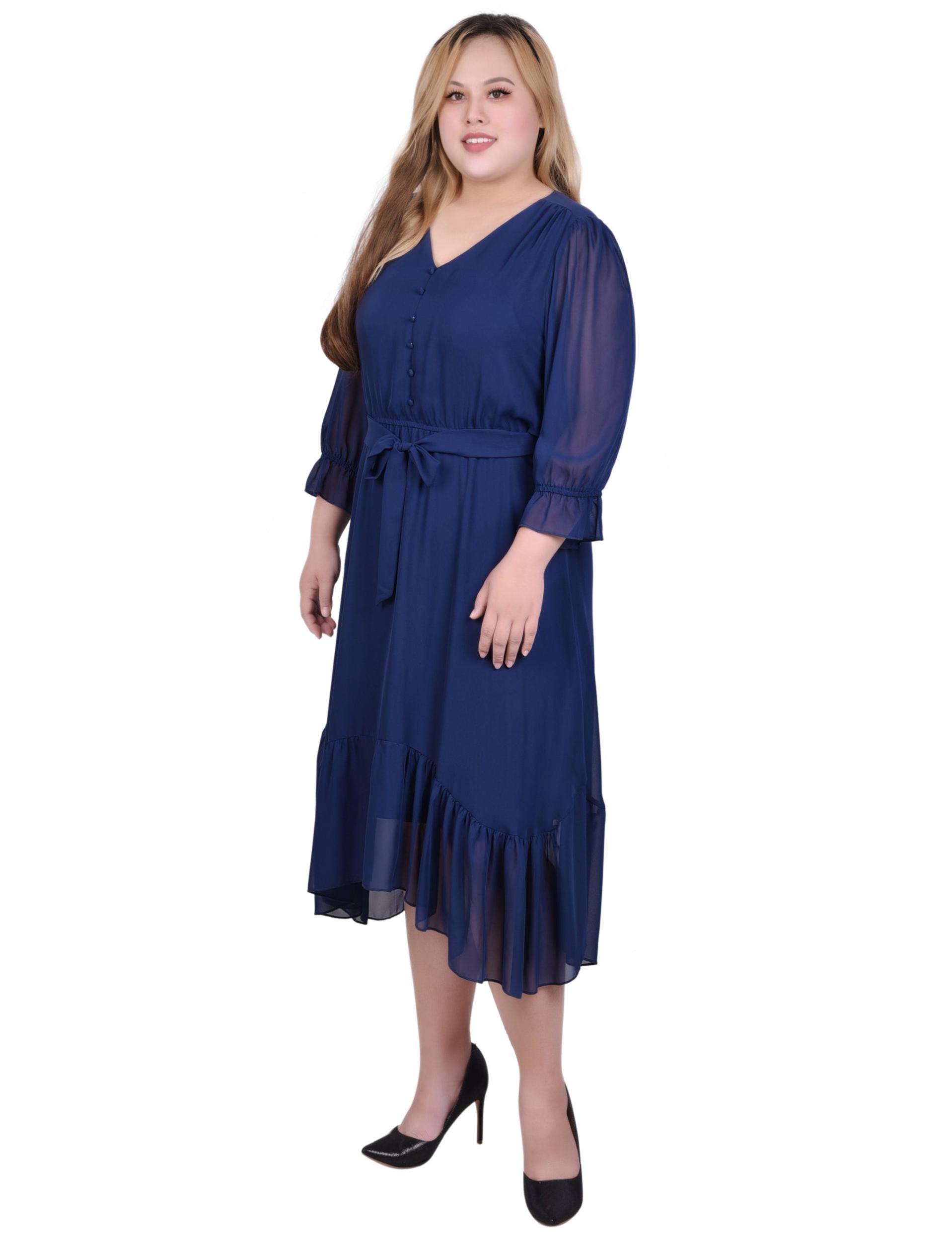 Navy 3/4 Sleeve V-Neck Flounced Dress - Plus Product Image