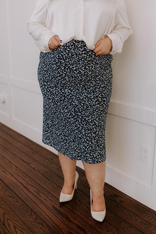 The Caitlyn High Waist Floral Midi Skirt in Navy Curves Product Image