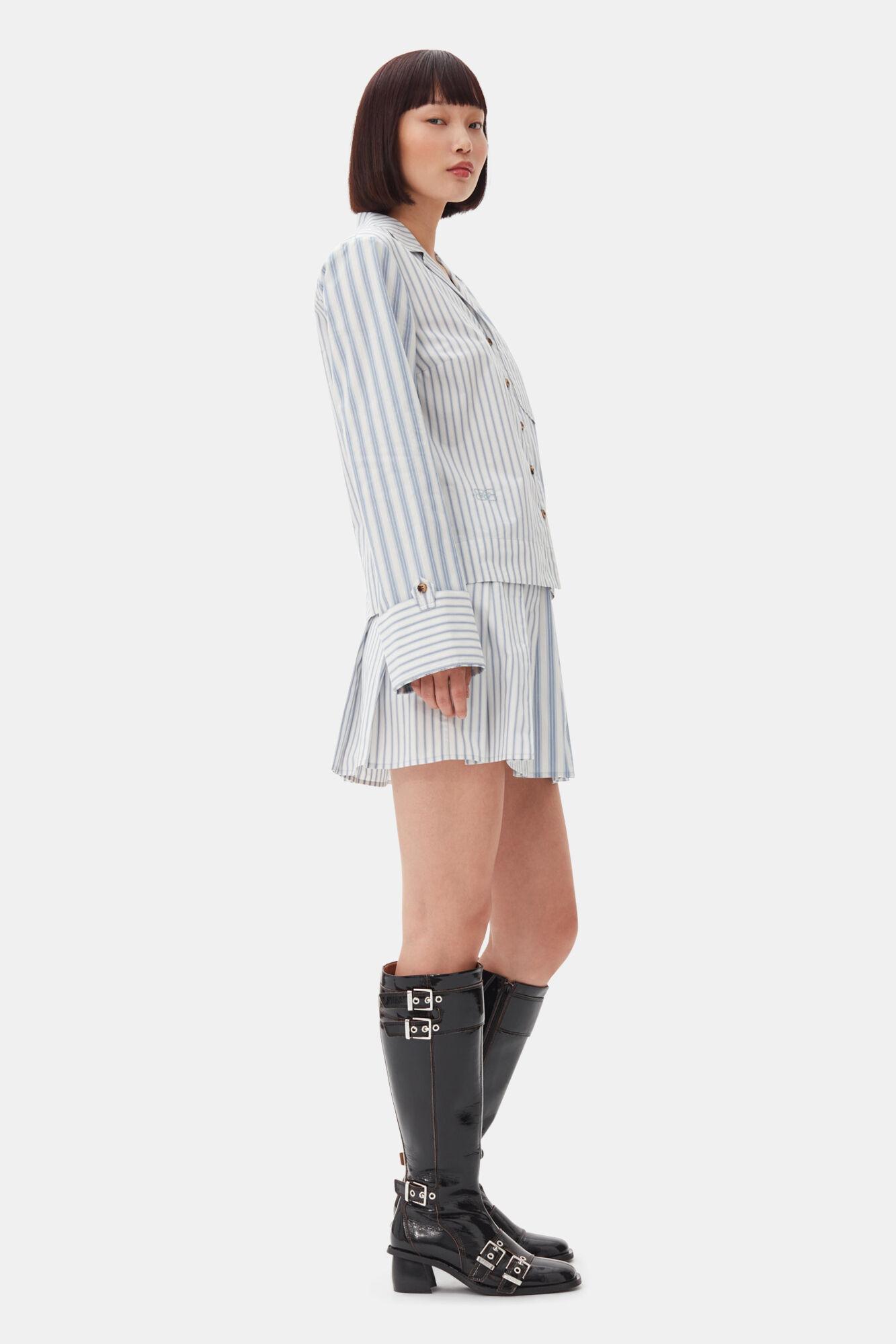 Blue Stripe Cotton Pleated Mini Skirt Product Image