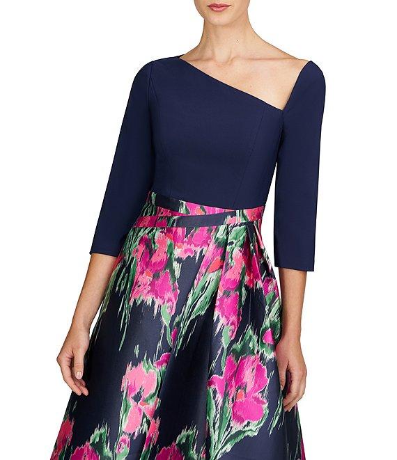 Kay Unger Giovana Asymmetrical Neck 3/4 Sleeve Mixed Media Aline Midi Dress Product Image