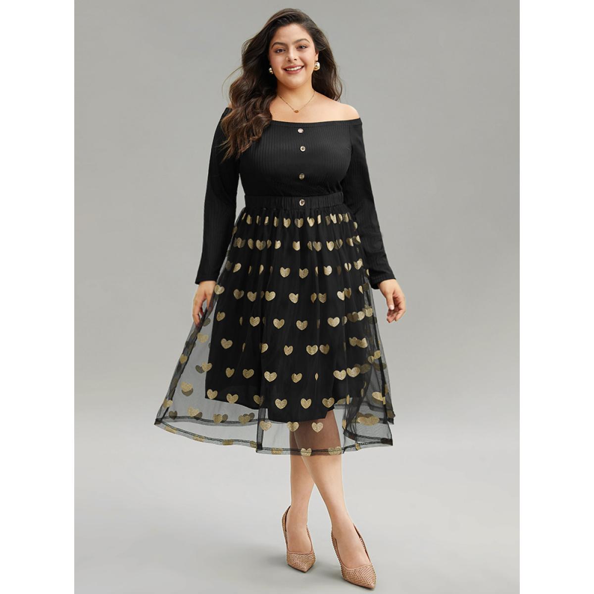 Plus Size Heart Print Rib Knit Button Detail Off Shoulder Dress Black Women Elegant Printed One-shoulder neck Long Sleeve Curvy Midi Dress BloomChic 22-24/3X Product Image