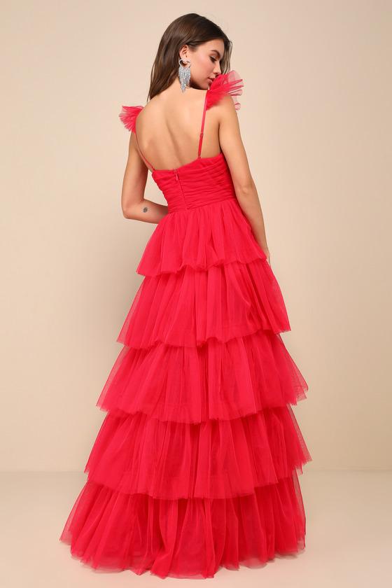 Fabulous Poise Bright Red Tulle Ruffled Tiered Maxi Dress Product Image