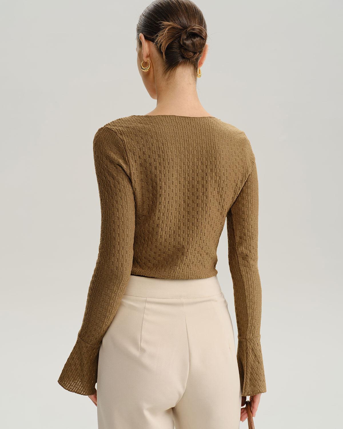 Brown Boat Neck Bell Sleeve Knit Tee Product Image