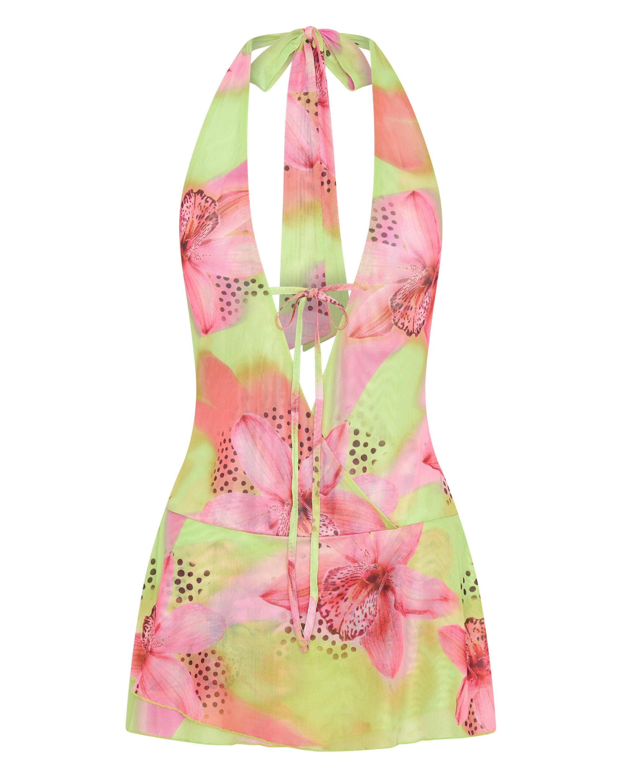 Too Extra Halter Mini Dress Lime Tropics Product Image