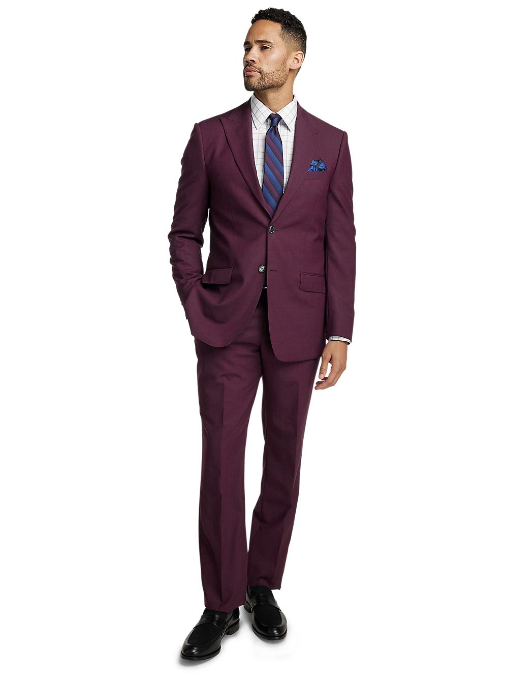 Wool Stretch Bengaline Single Breasted Peak Lapel Suit - Plum Product Image
