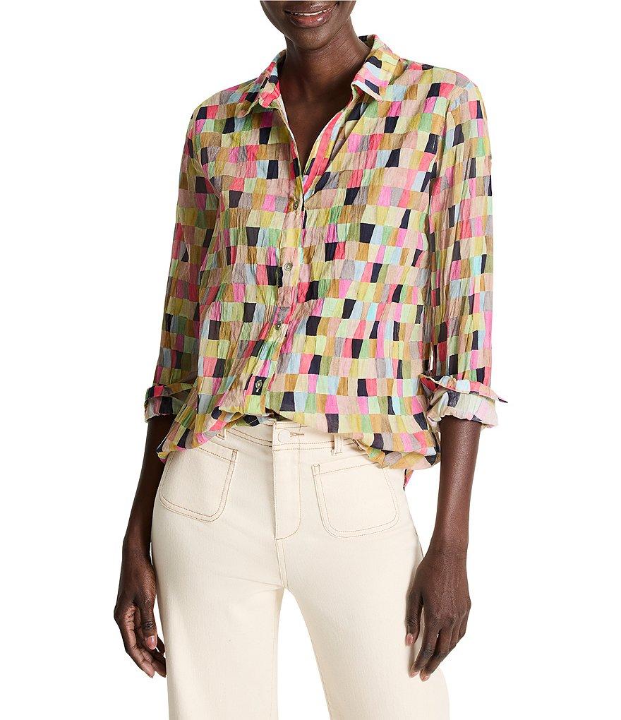 NIC + ZOE Crinkle Colorfield Print Button Down Collar Long Sleeve Top Product Image