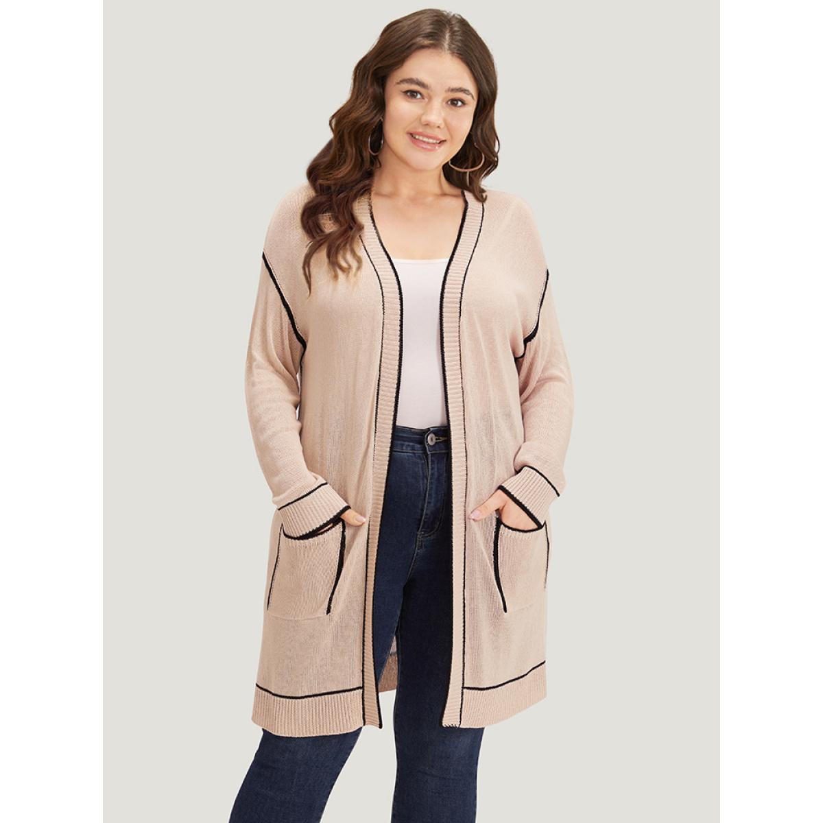 Plus Size Contrast Trim Patched Pocket Drop Shoulder Cardigan Champagne Women Casual Loose Long Sleeve Everyday Cardigans BloomChic 28/5X Product Image
