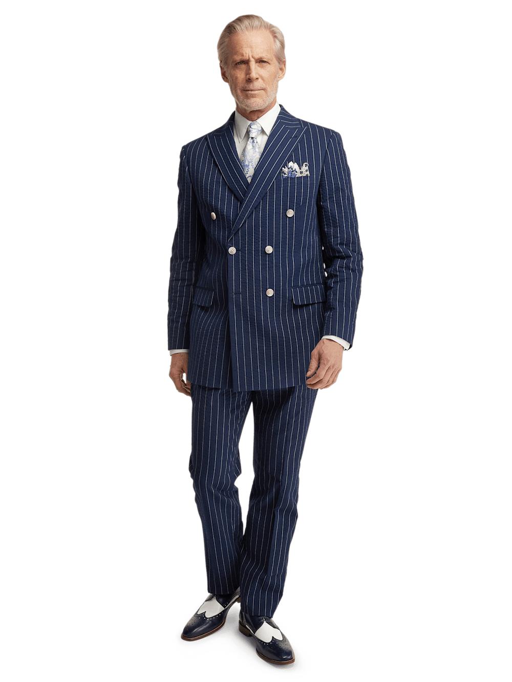 Cotton Stretch Pinstripe Peak Lapel Suit - Navy Product Image