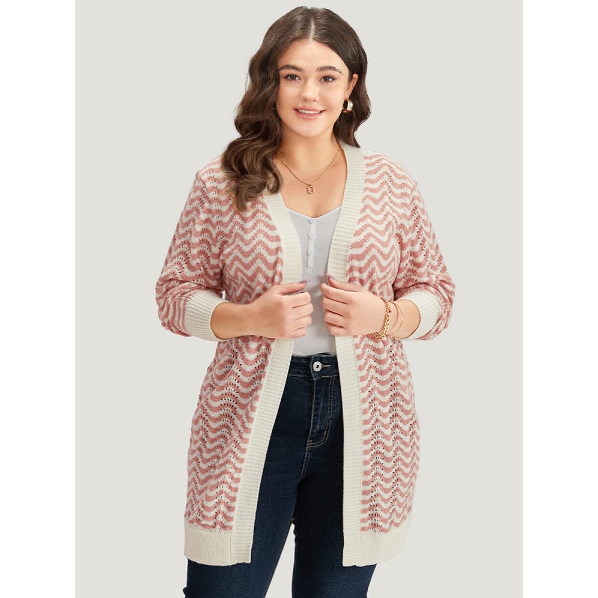Plus Size Water Ripple Open Front Tunic Cardigan Pink Women Casual Loose Long Sleeve Dailywear Cardigans BloomChic 22-24/3X Product Image
