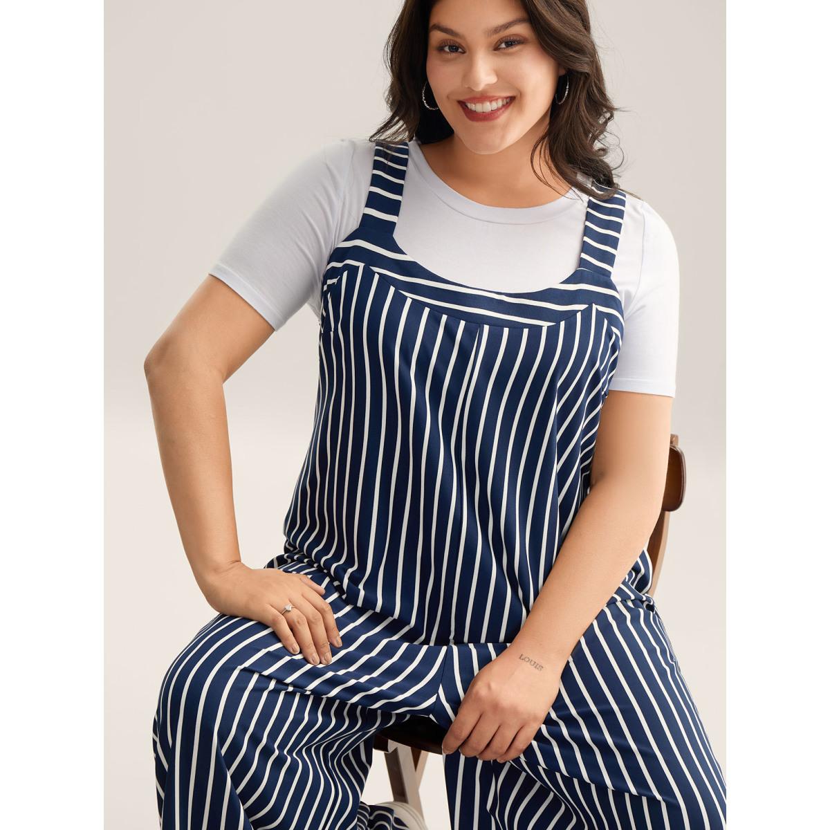Plus Size Navy Stretchy Striped Print Wide-Leg Jumpsuit Women Sleeveless V-neck Everyday-Casual Loose Jumpsuits BloomChic 22-24/3X Product Image