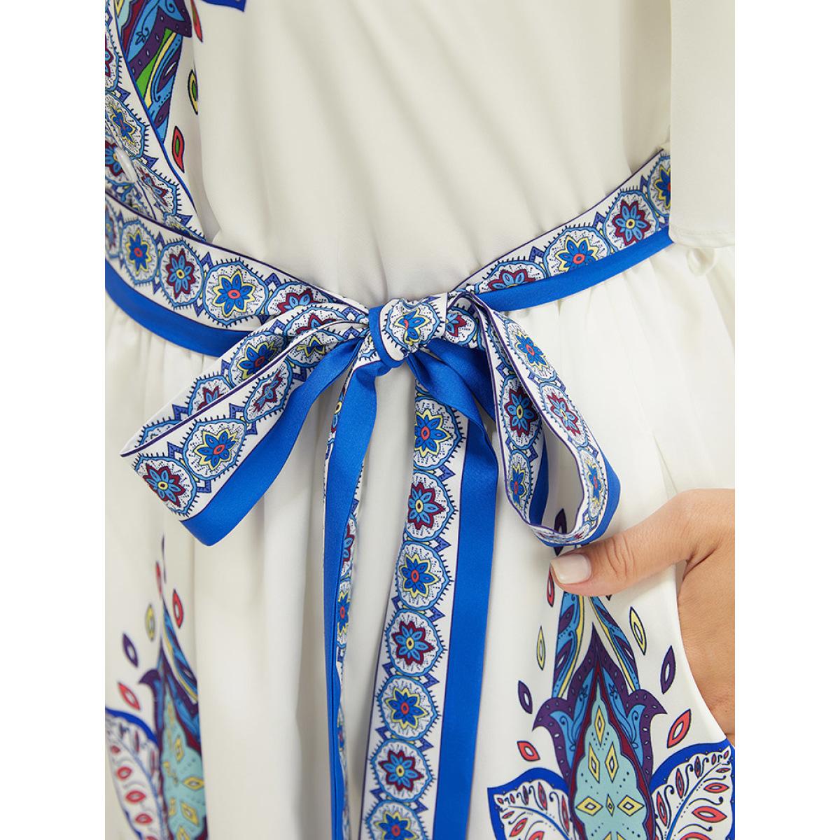 Plus Size Bandana Button Detail Pocket Belt Knee Dress Blue Women Vacation Lined V-neck Short sleeve Curvy Knee Dress BloomChic 26/4X Product Image