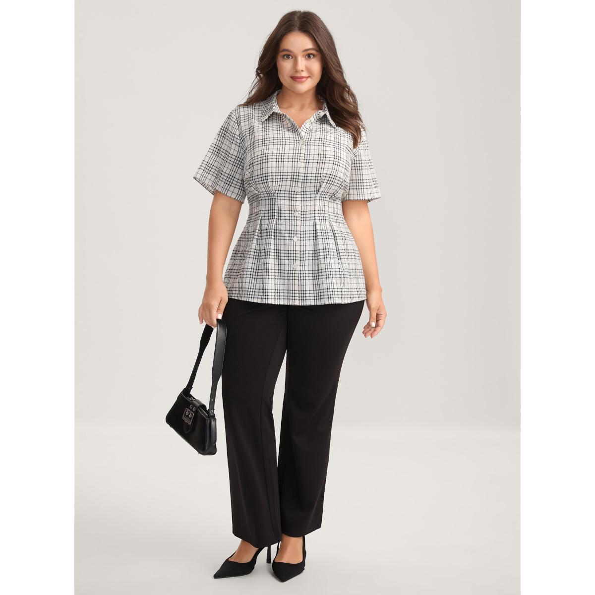 Plus Size Ivory Cotton Plaid Sculpted Button Placket Blouse Women Short sleeve Shirt collar Work Blouses BloomChic 30/6X Product Image