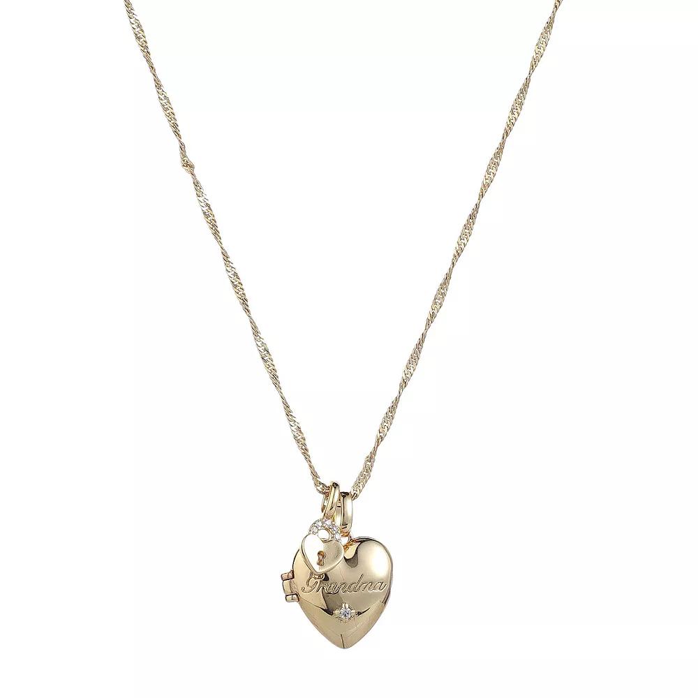 Forever Close 14k Gold Flash Plated Cubic Zirconia Heart Padlock Charm & Grandma Heart Locket Necklace, Women's, Size: 18", Gold Tone Product Image