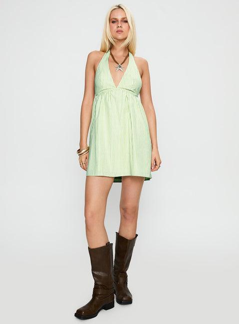 Estefani Halter Mini Dress Green Stripe Product Image