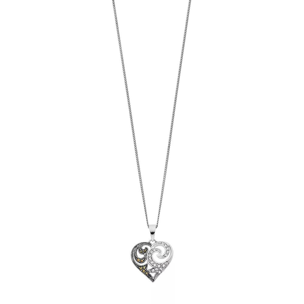 Tori Hill Marcasite & Crystal Black & White Heart Pendant Necklace, Women's, Size: 18", Silvertone Product Image