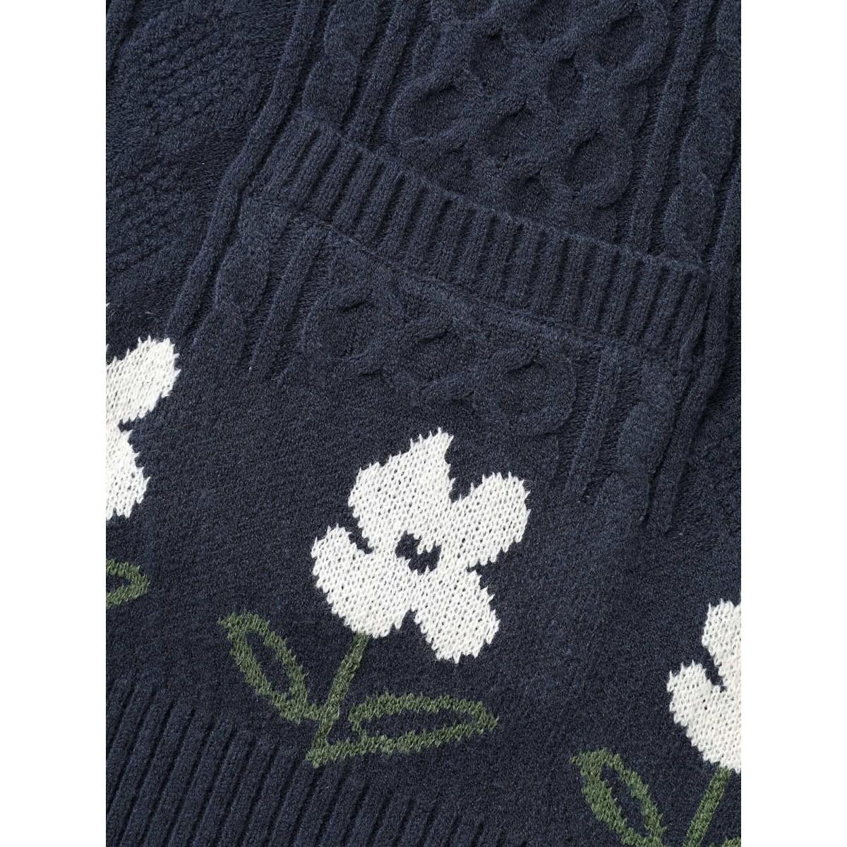 Plus Size Floral Jacquard Cable Knit Pocket Cardigan Indigo Women Casual Loose Long Sleeve Everyday Cardigans BloomChic 14-16/1X Product Image