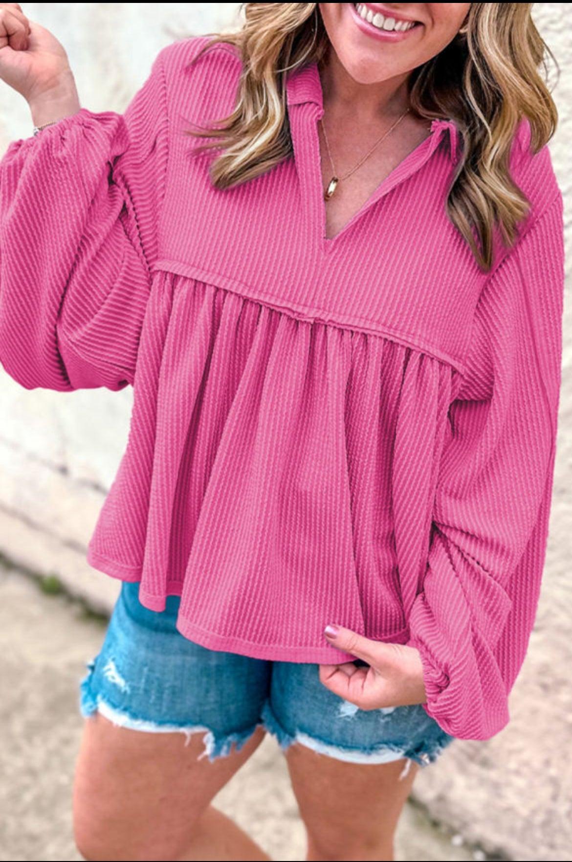 Pink Corded Bubble Sleeve Top Product Image