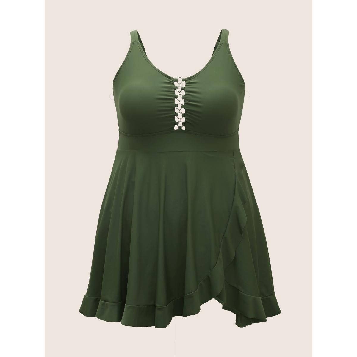Plus Size Solid O Ring Buckle Detail Ruffle Trim Swim Dress Women's Swimwear Moss Beach Bodycon Heart neckline High stretch Curve Swim Dresses BloomChic 26/4X Product Image