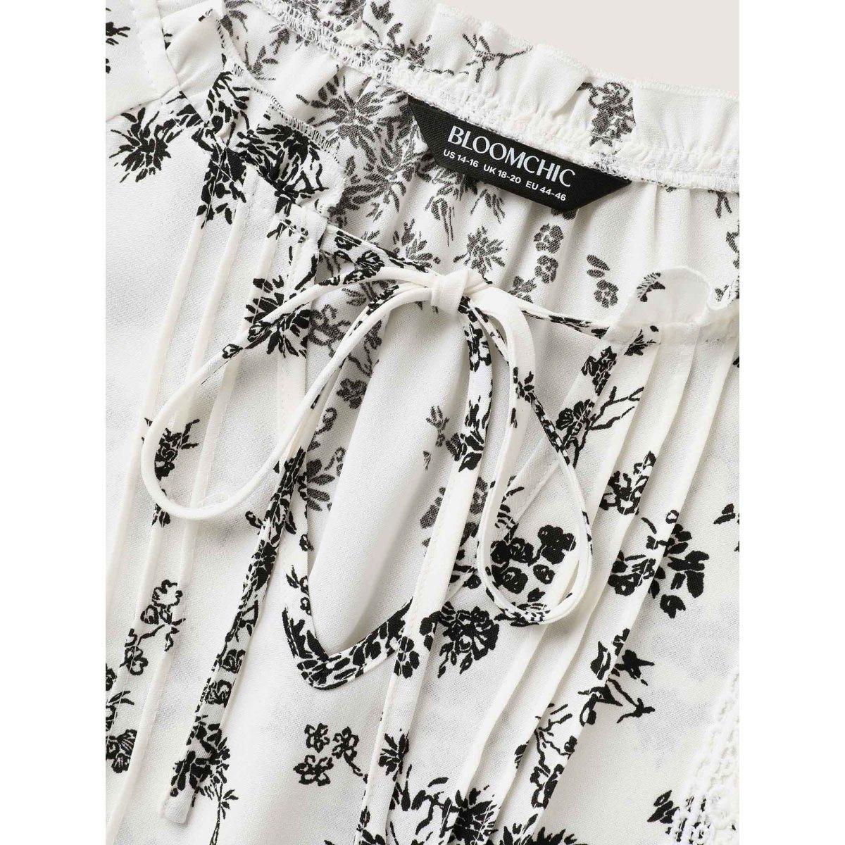 Plus Size Originalwhite Floral Print Plicated Detail Blouse Women Romantic Elbow-length sleeve Notched collar Elegant Blouses BloomChic 26/4X Product Image
