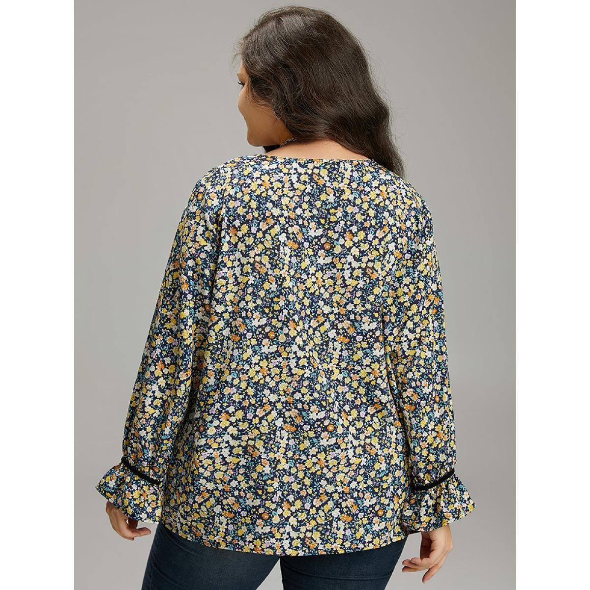 Plus Size Indigo Ditsy Floral Ties Contrast Trim Blouse Women Elegant Long Sleeve Tie Neck Dailywear Blouses BloomChic 30/6X Product Image