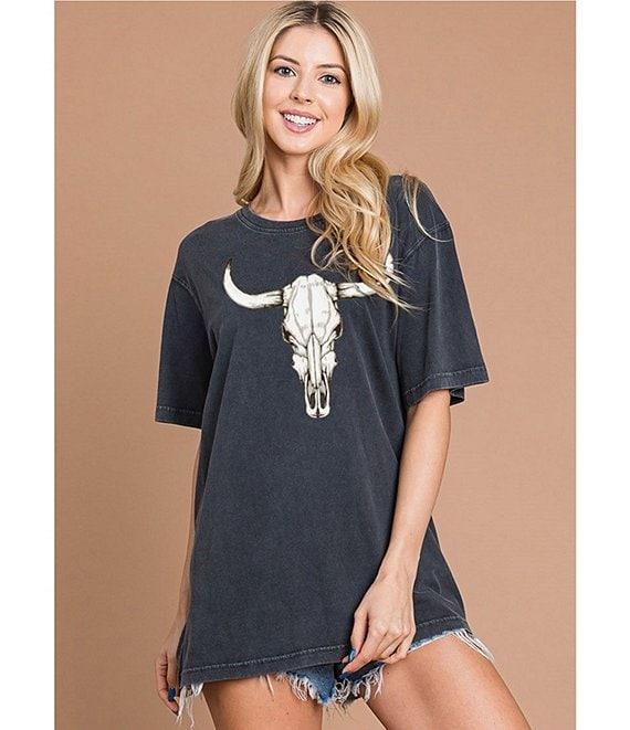 Zutter Knit Puffed Longhorn Bone Western Crew Neck Short Sleeve Oversized Graphic Tee Shirt Product Image