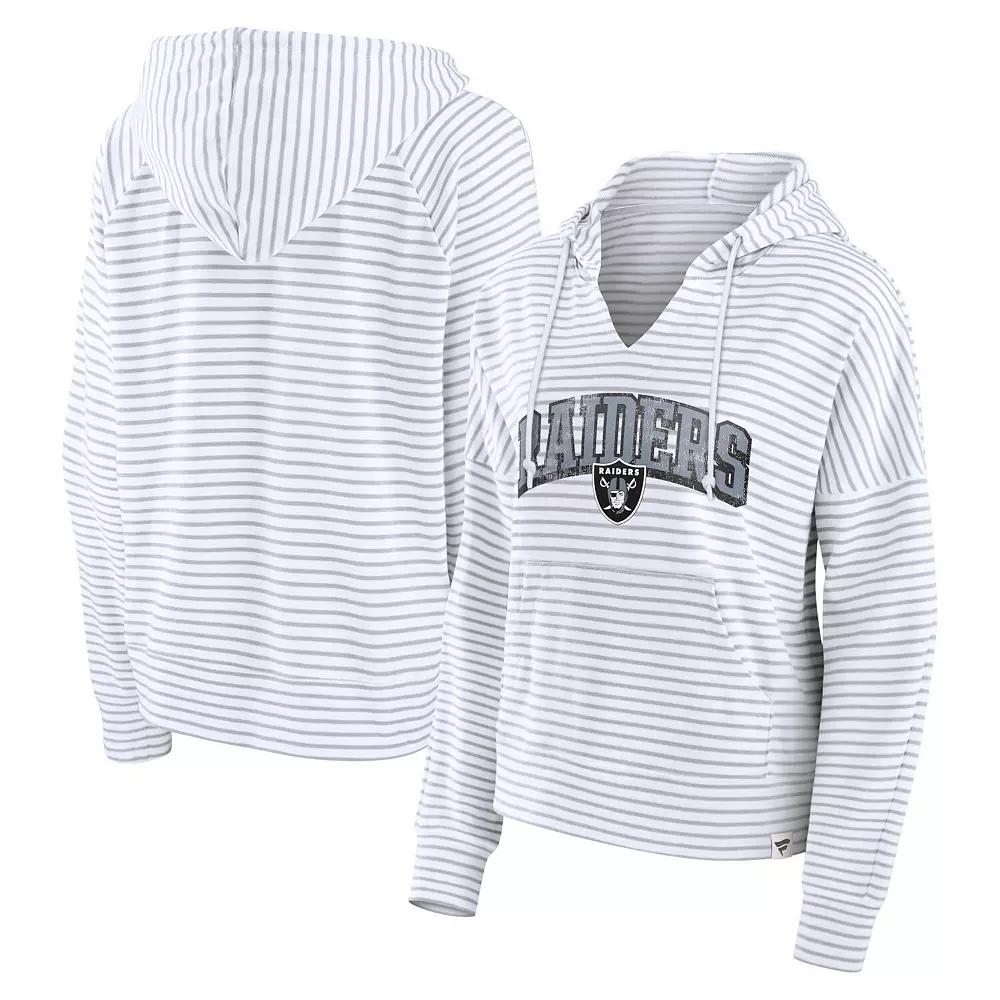 Women's Fanatics White/Gray Las Vegas Raiders Striped Notch Neck Pullover Hoodie,  Product Image