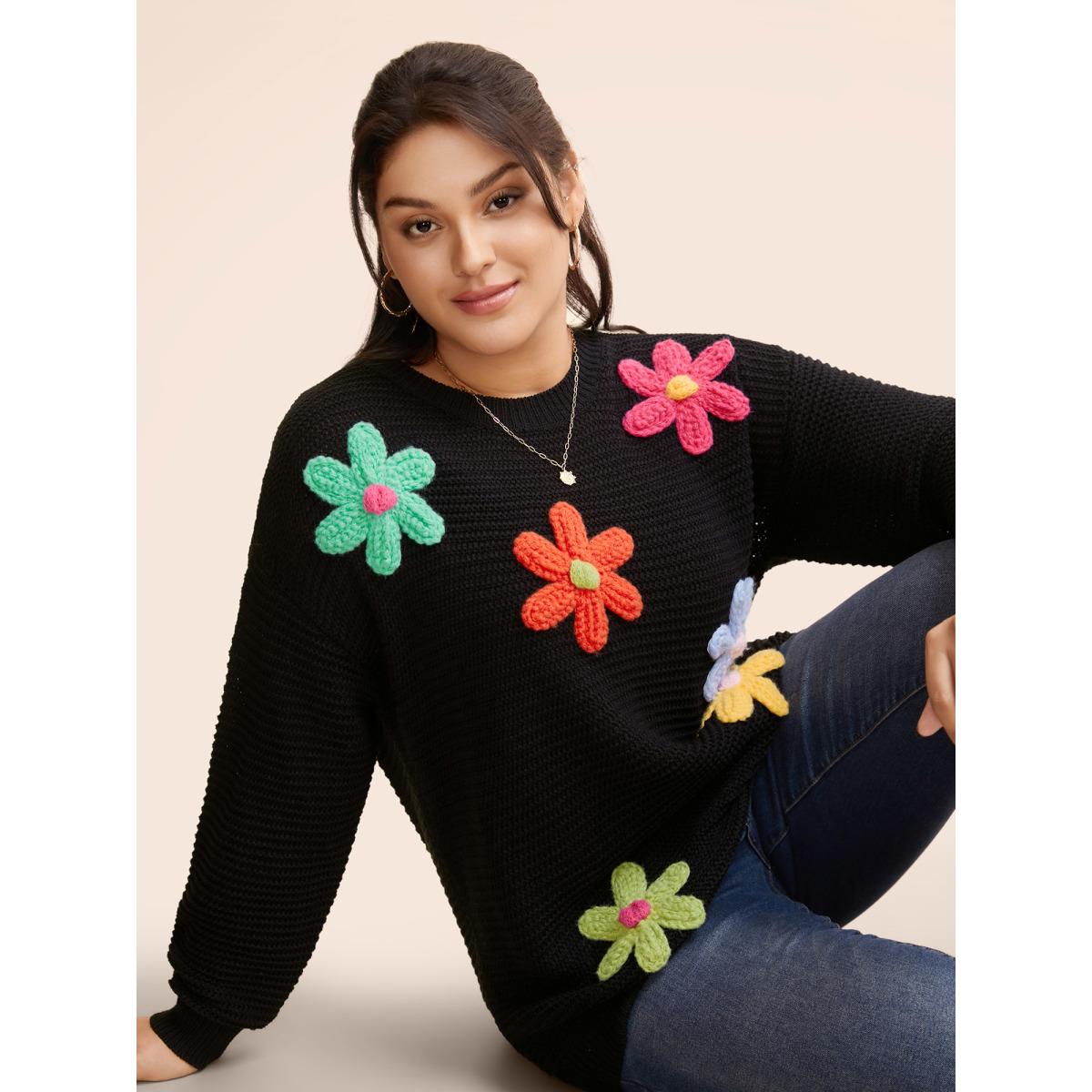 Plus Size Colored Crochet Floral Drop Shoulder Sleeve Pullover Black Women Casual Loose Three Quater Length Sleeve Round Neck Everyday Pullovers BloomChic 12/L Product Image