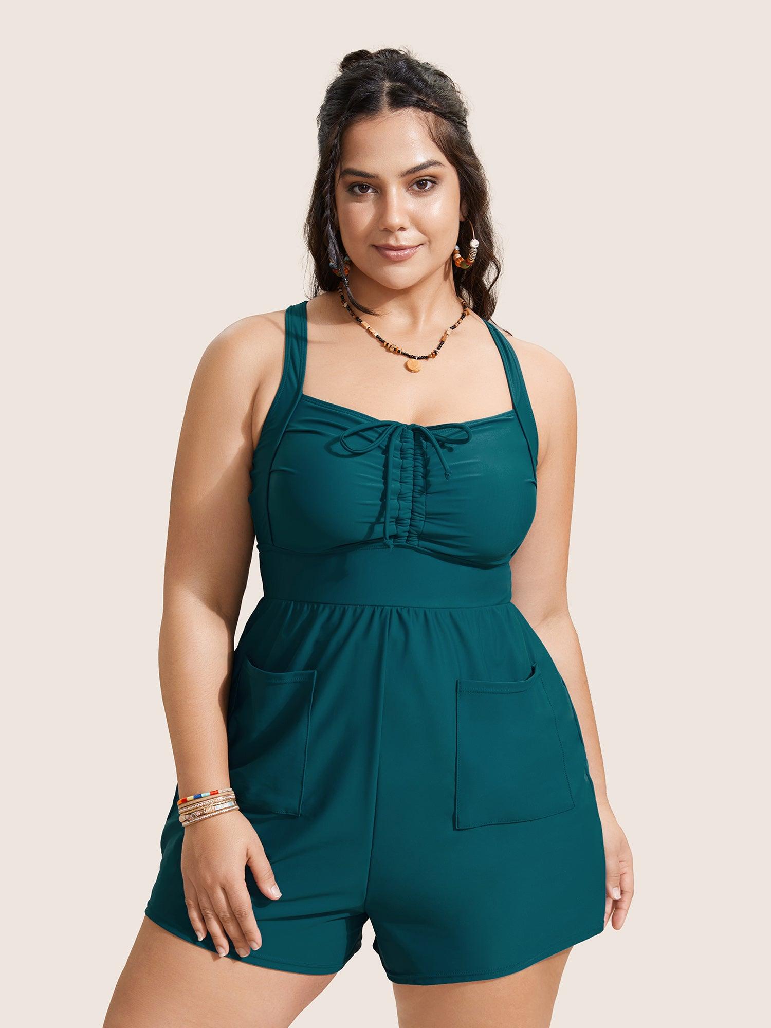 Plain Patched Pocket Drawstring One Piece Swimsuit Female Product Image