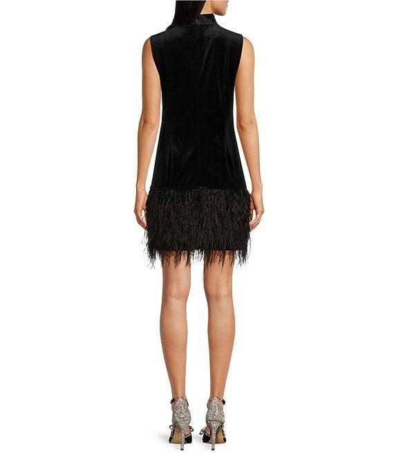 tyler boe Velvet Mock Neck Sleeveless Feather Trim Dress Product Image