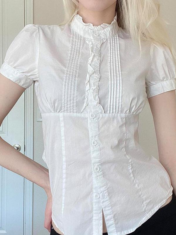 Ruffled Wooden Earring Short Sleeves Shirts Product Image